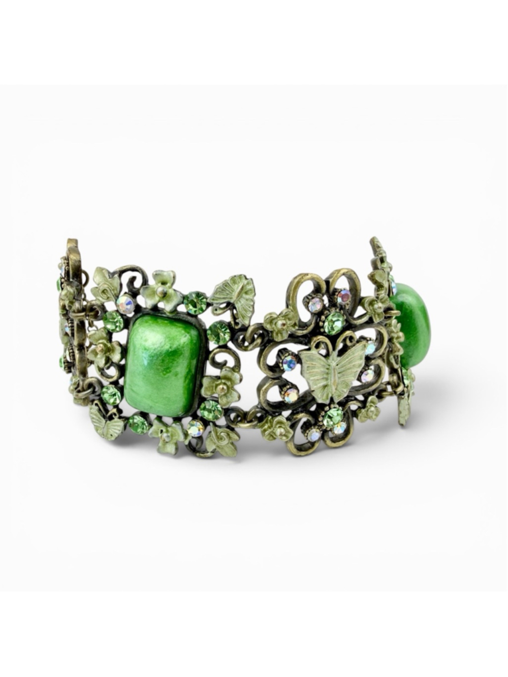 Vintage 90s Green Cabochon Bracelet, Czech Style Filigree, Rhinestone, Butterfly